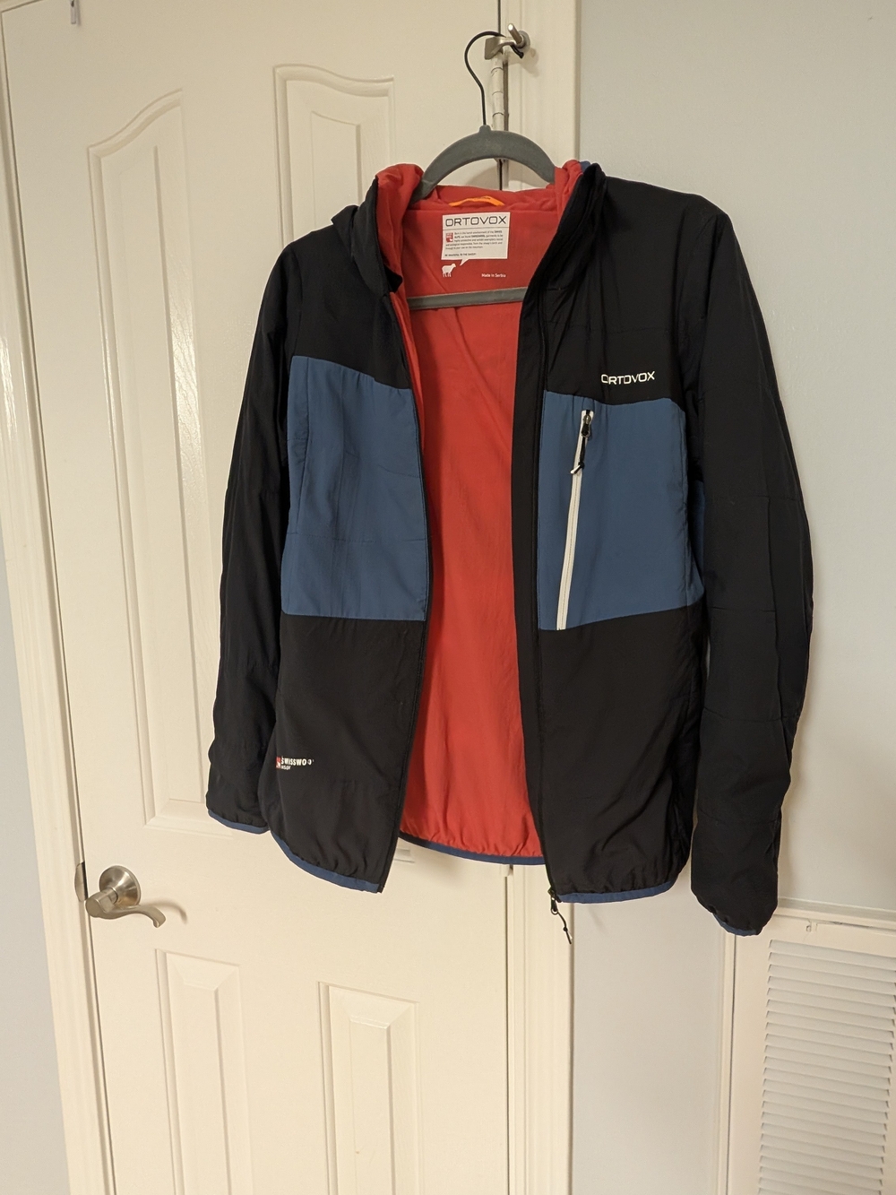 Women's Hooded Insulated Jacket - Black with Blue Panels and Red Lining